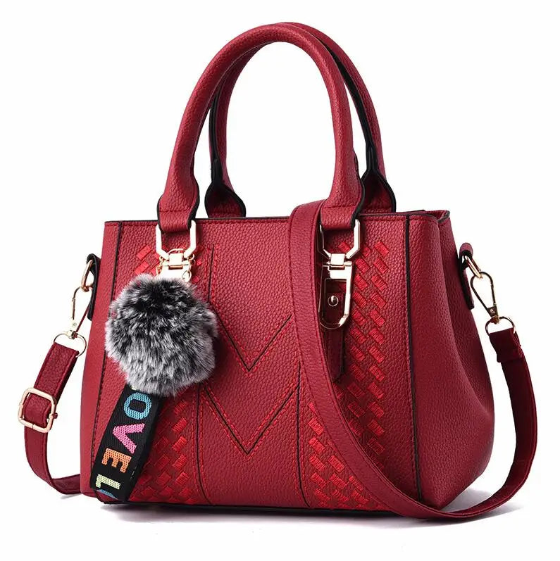 PU Leather Messenger Bag for Women – Embroidered Handbag with Charm
