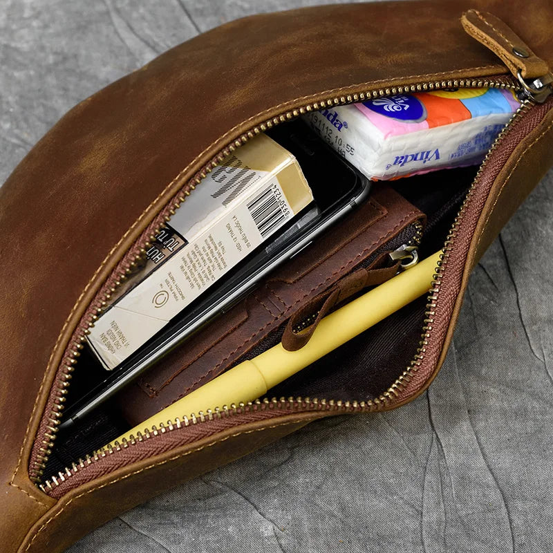 Men's Crazy Horse Leather Fanny Pack - Vintage Waist Bag