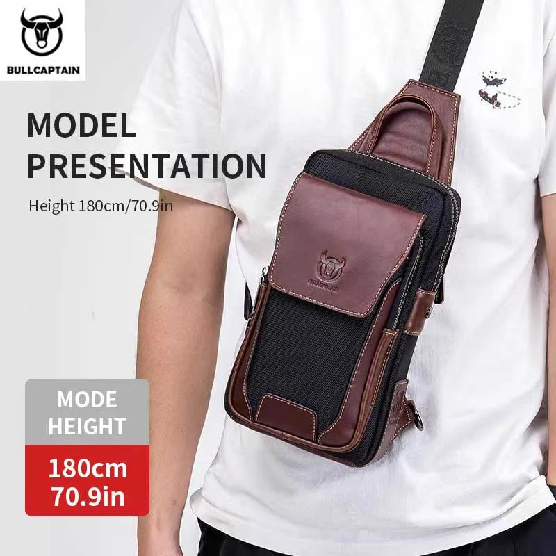 BULLCAPTAIN Men's Genuine Leather Sling Bag - Anti-Theft Chest & Crossbody