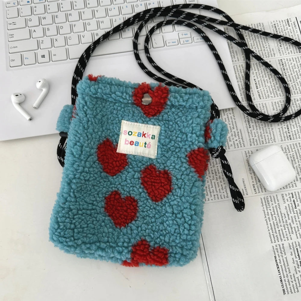 Cute Plush Crossbody Bag for Women - Soft Polka Dot