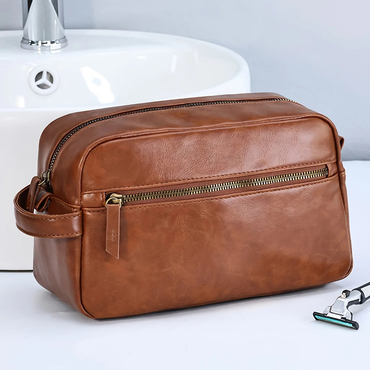 Men's PU Leather Toiletry Bag - Waterproof Travel Organizer