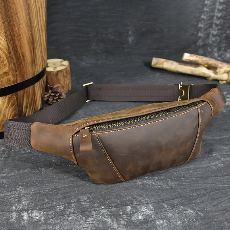 Men's Crazy Horse Leather Fanny Pack - Vintage Waist Bag
