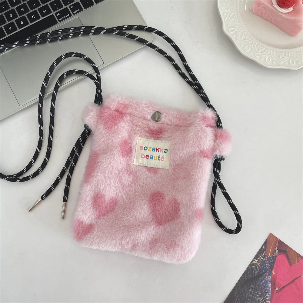 Cute Plush Crossbody Bag for Women - Soft Polka Dot