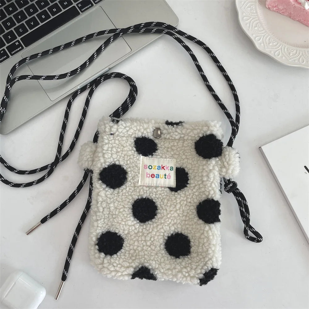 Cute Plush Crossbody Bag for Women - Soft Polka Dot