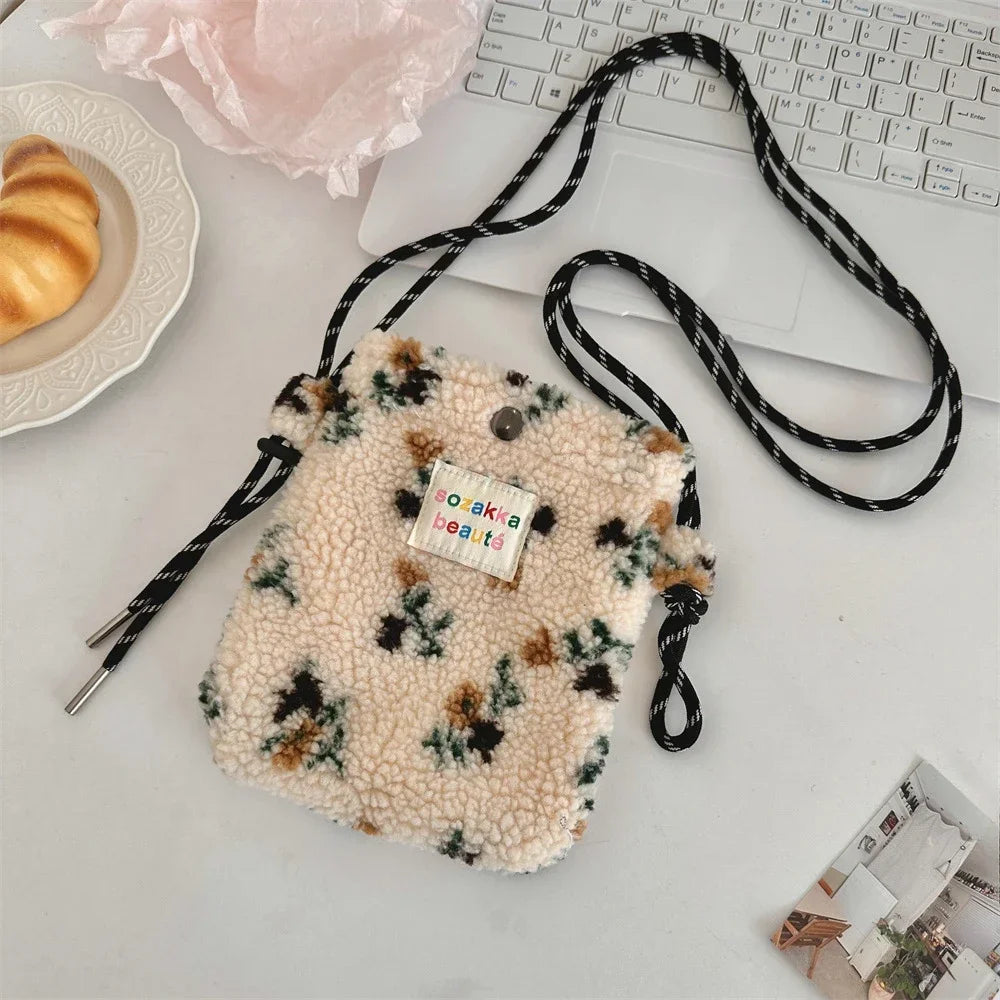 Cute Plush Crossbody Bag for Women - Soft Polka Dot