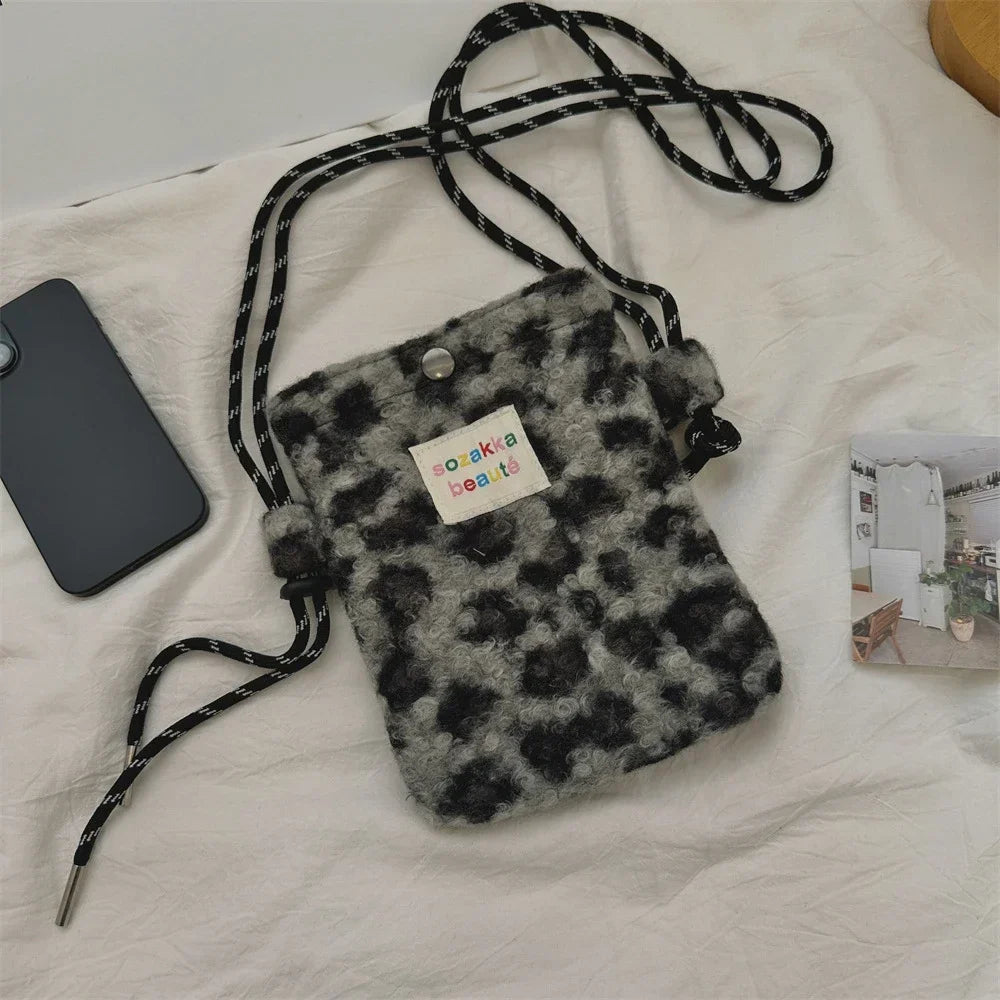 Cute Plush Crossbody Bag for Women - Soft Polka Dot