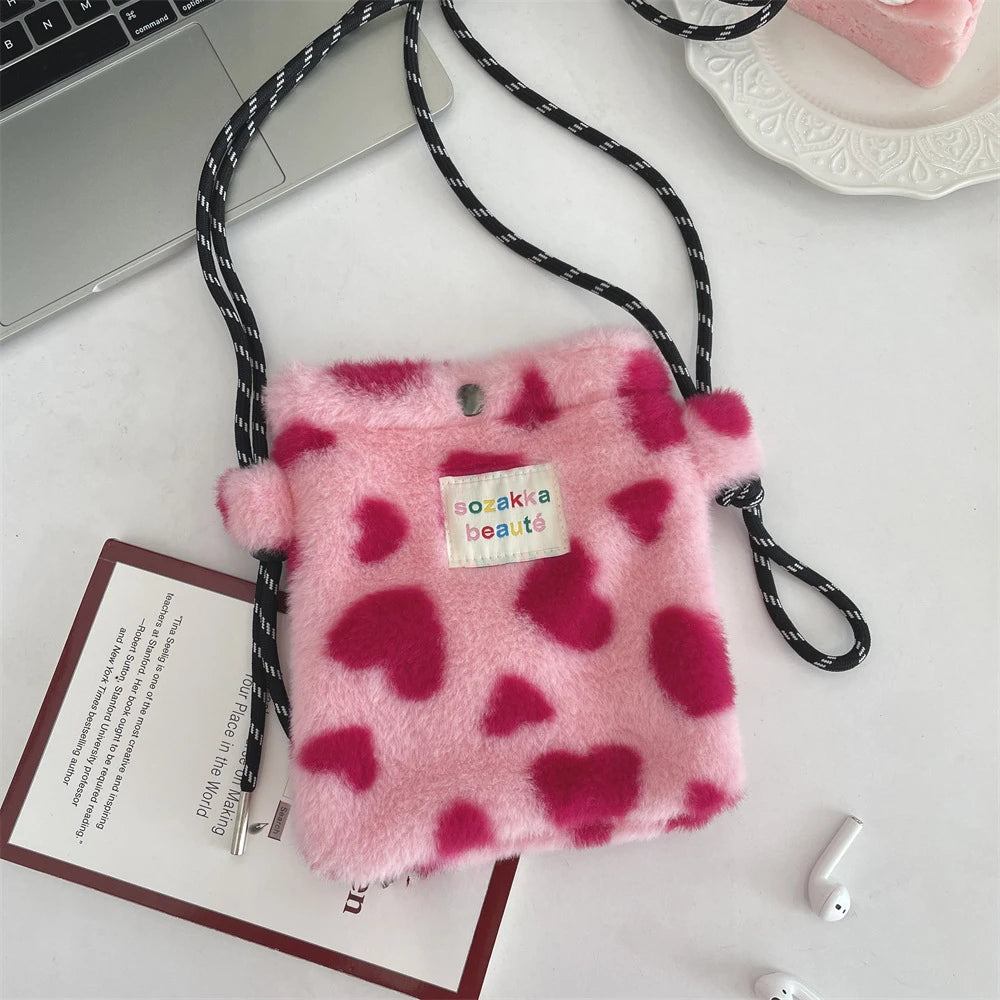 Cute Plush Crossbody Bag for Women - Soft Polka Dot