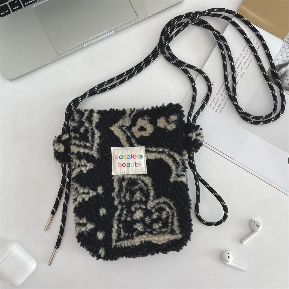 Cute Plush Crossbody Bag for Women - Soft Polka Dot