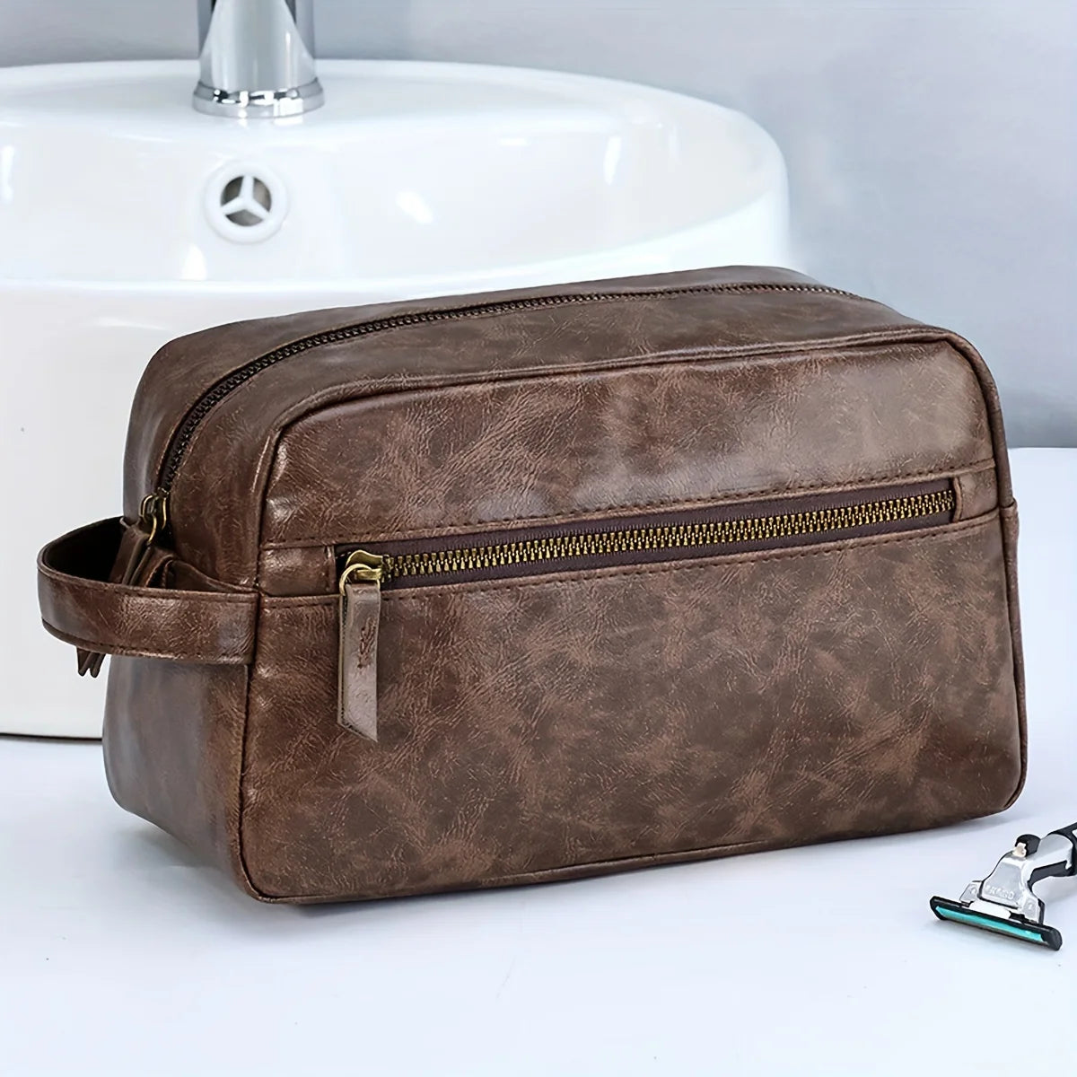 Men's PU Leather Toiletry Bag - Waterproof Travel Organizer