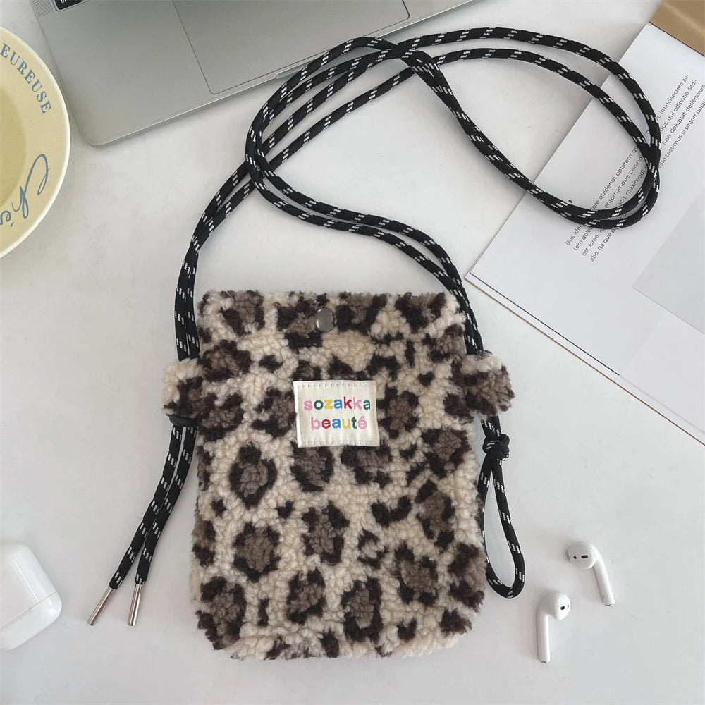 Cute Plush Crossbody Bag for Women - Soft Polka Dot