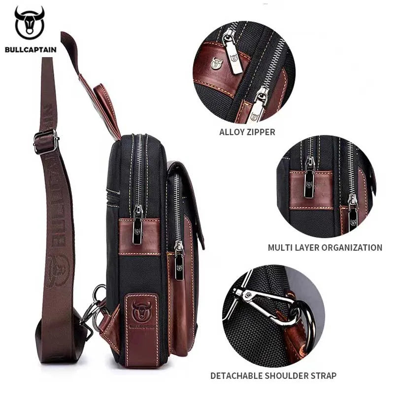 BULLCAPTAIN Men's Genuine Leather Sling Bag - Anti-Theft Chest & Crossbody