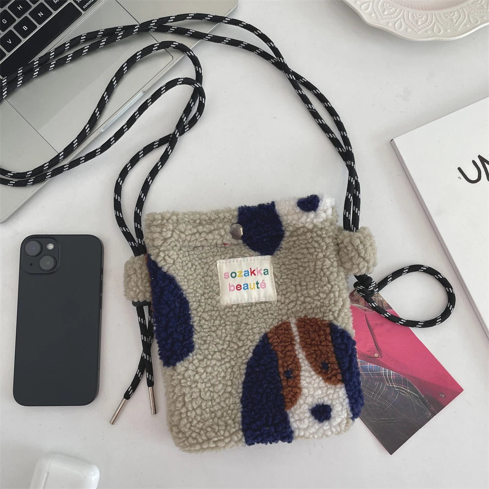 Cute Plush Crossbody Bag for Women - Soft Polka Dot