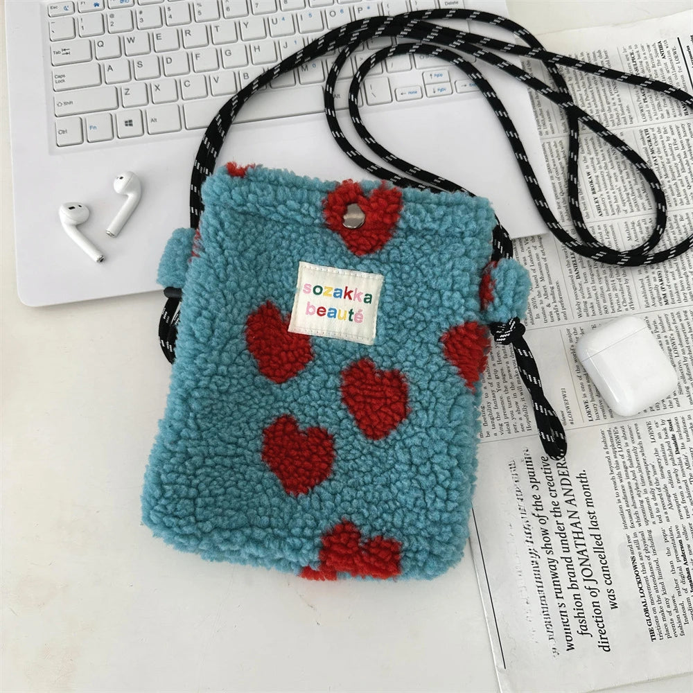 Cute Plush Crossbody Bag for Women - Soft Polka Dot