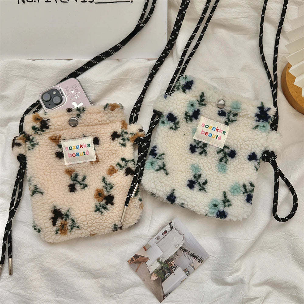 Cute Plush Crossbody Bag for Women - Soft Polka Dot