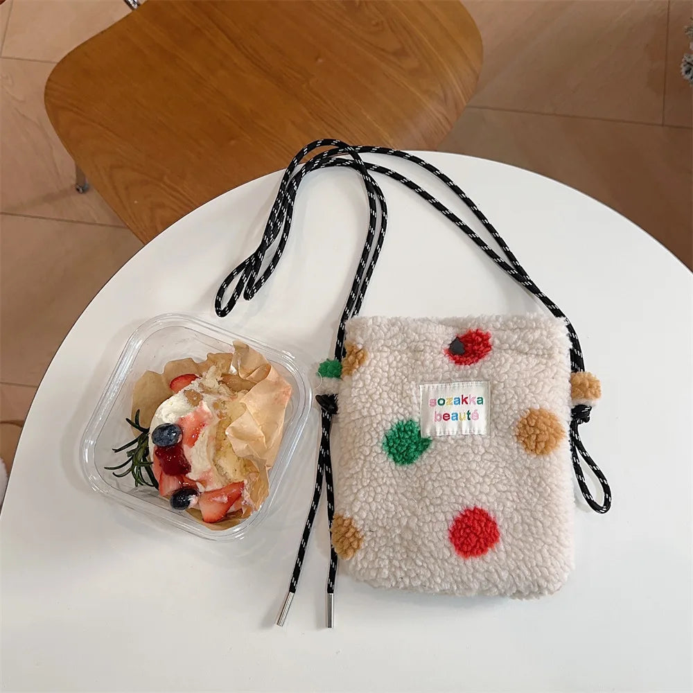 Cute Plush Crossbody Bag for Women - Soft Polka Dot