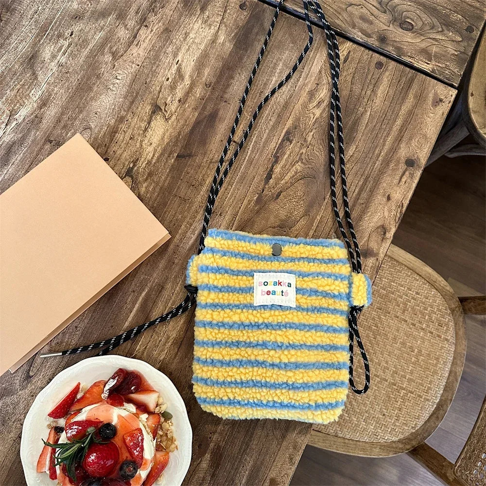 Cute Plush Crossbody Bag for Women - Soft Polka Dot