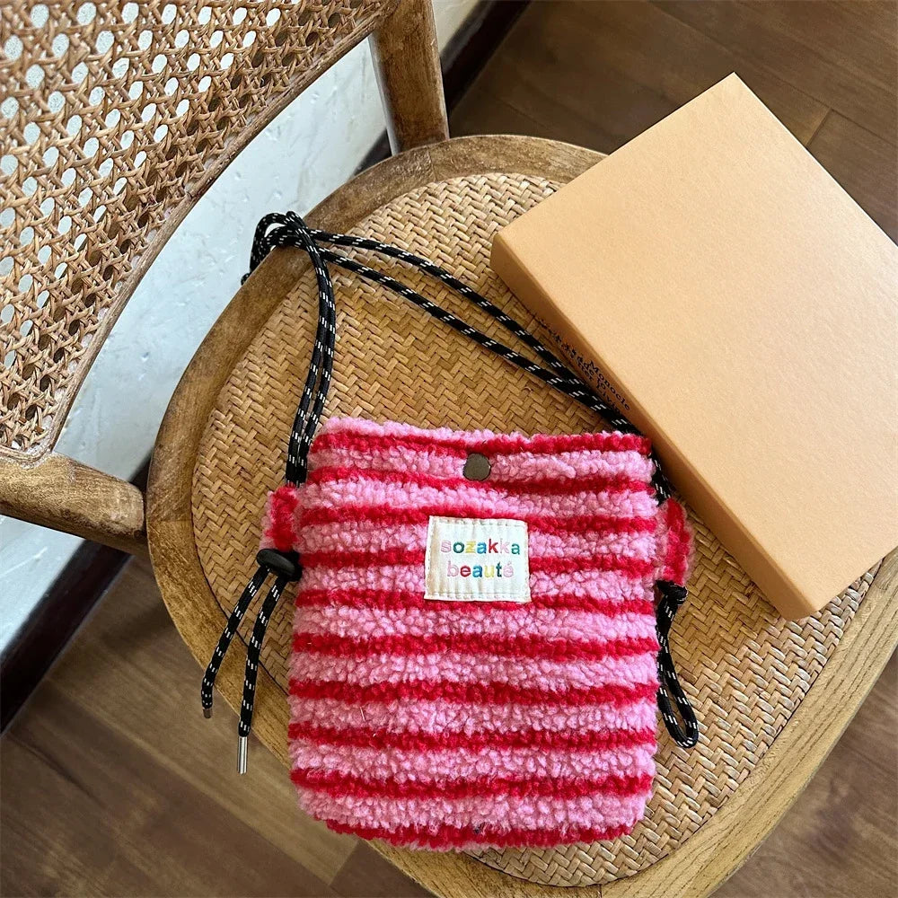 Cute Plush Crossbody Bag for Women - Soft Polka Dot