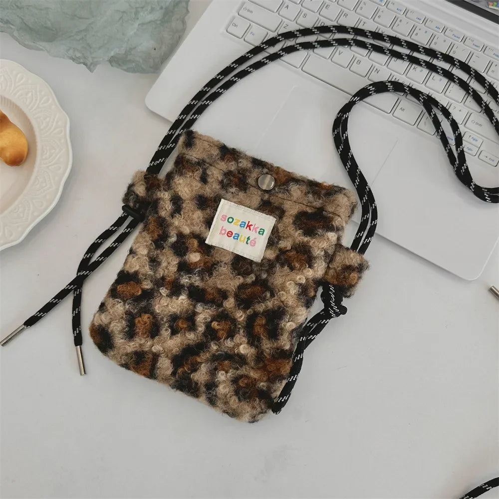 Cute Plush Crossbody Bag for Women - Soft Polka Dot