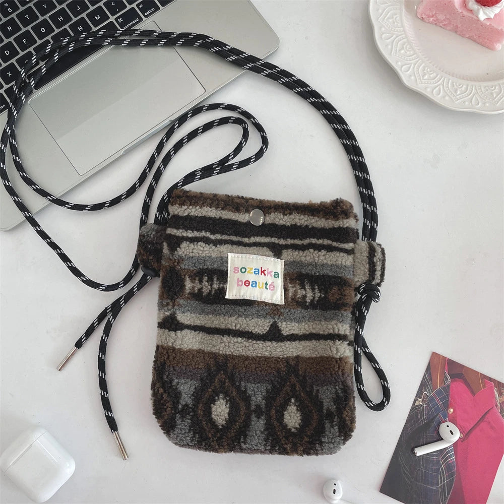 Cute Plush Crossbody Bag for Women - Soft Polka Dot