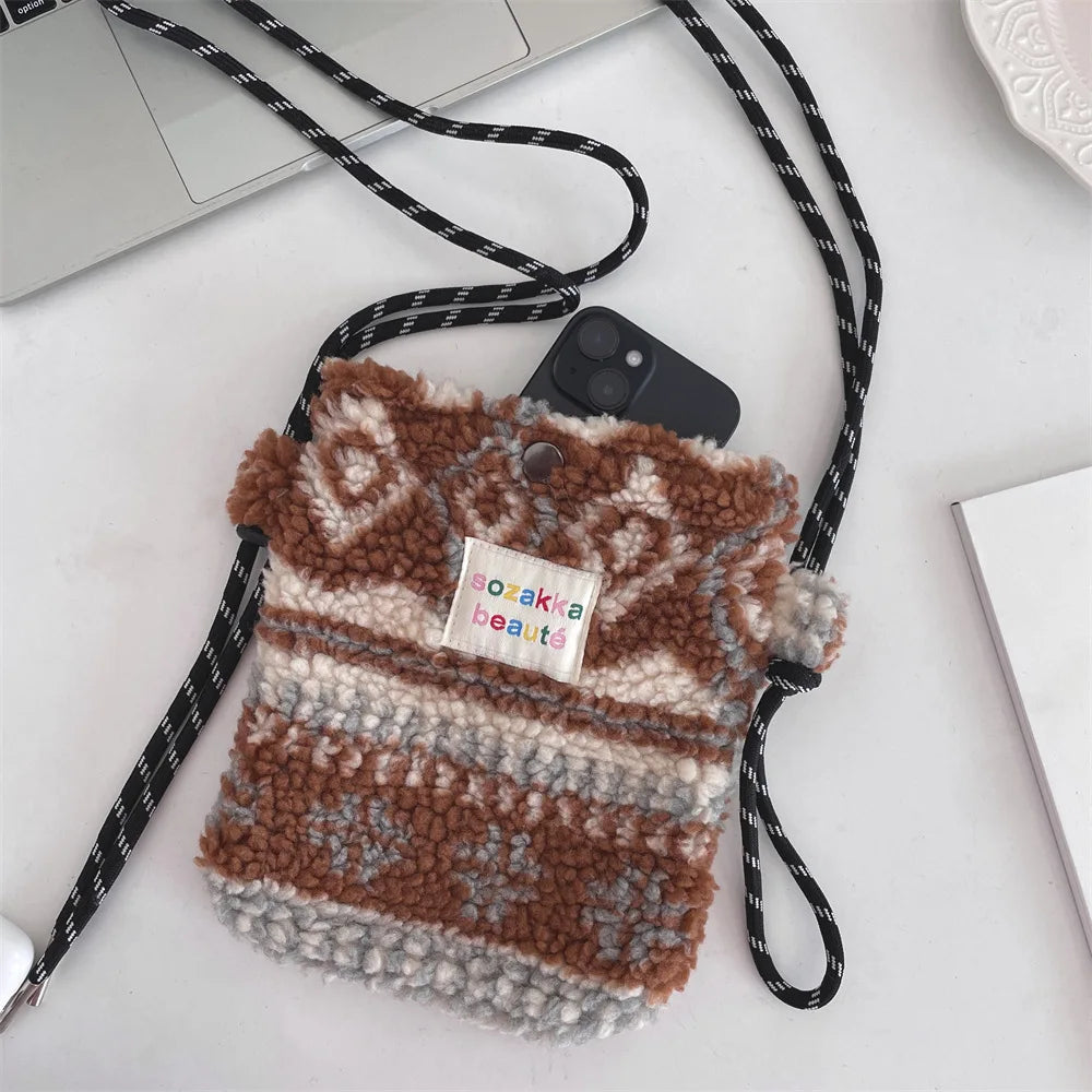 Cute Plush Crossbody Bag for Women - Soft Polka Dot