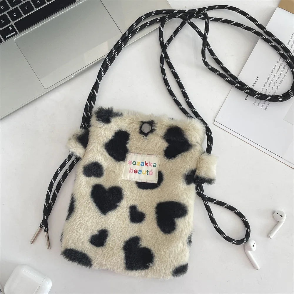 Cute Plush Crossbody Bag for Women - Soft Polka Dot