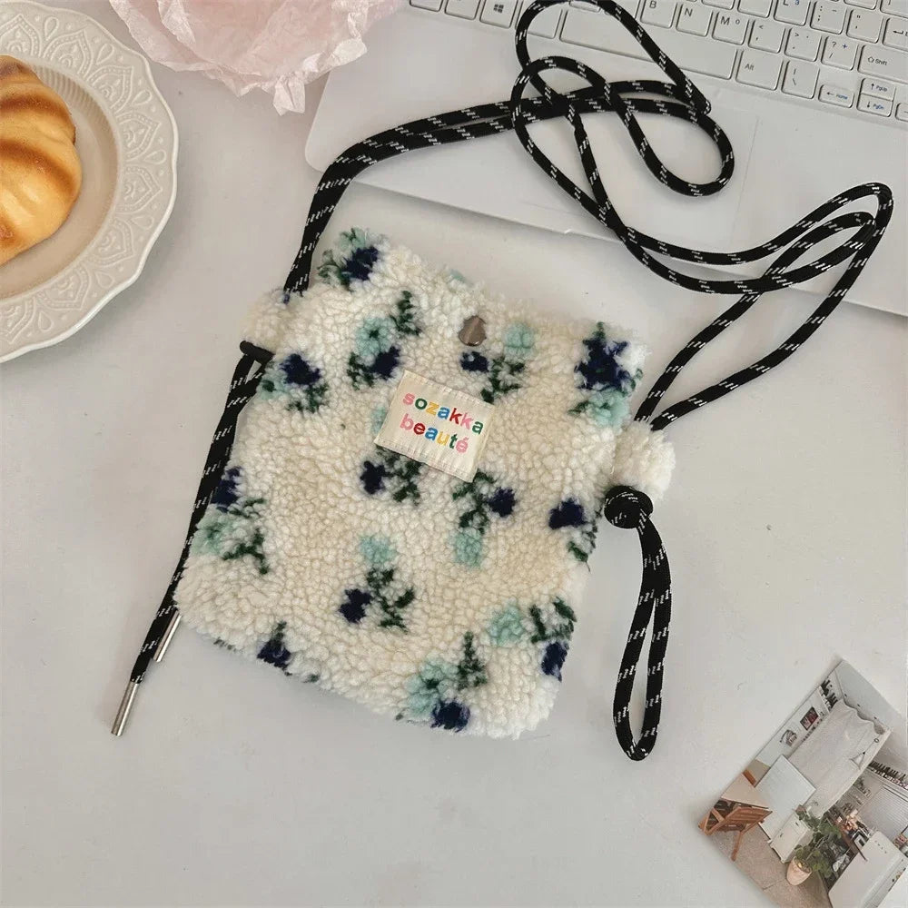Cute Plush Crossbody Bag for Women - Soft Polka Dot